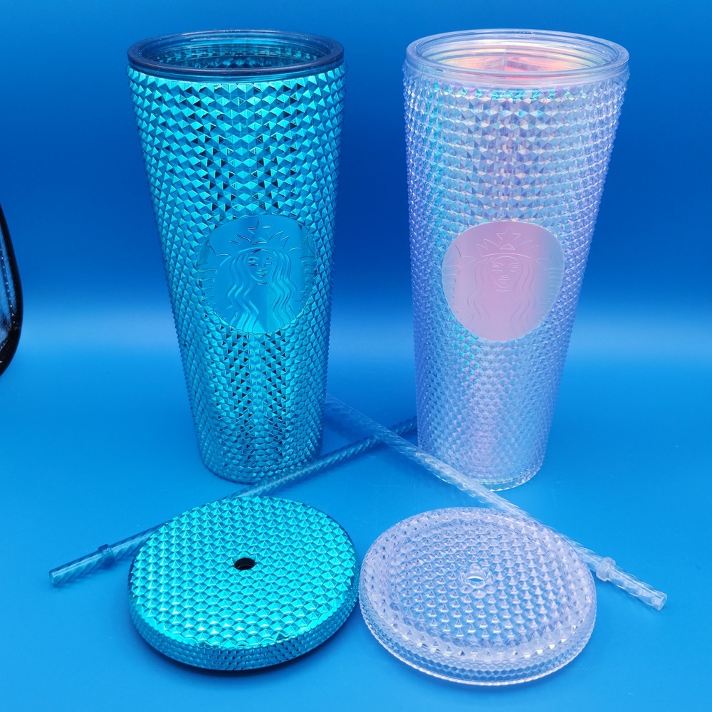 Starbucks Studded Tumbler Set 24oz Venti Cyan Blue & Iridescent White Cold Cups